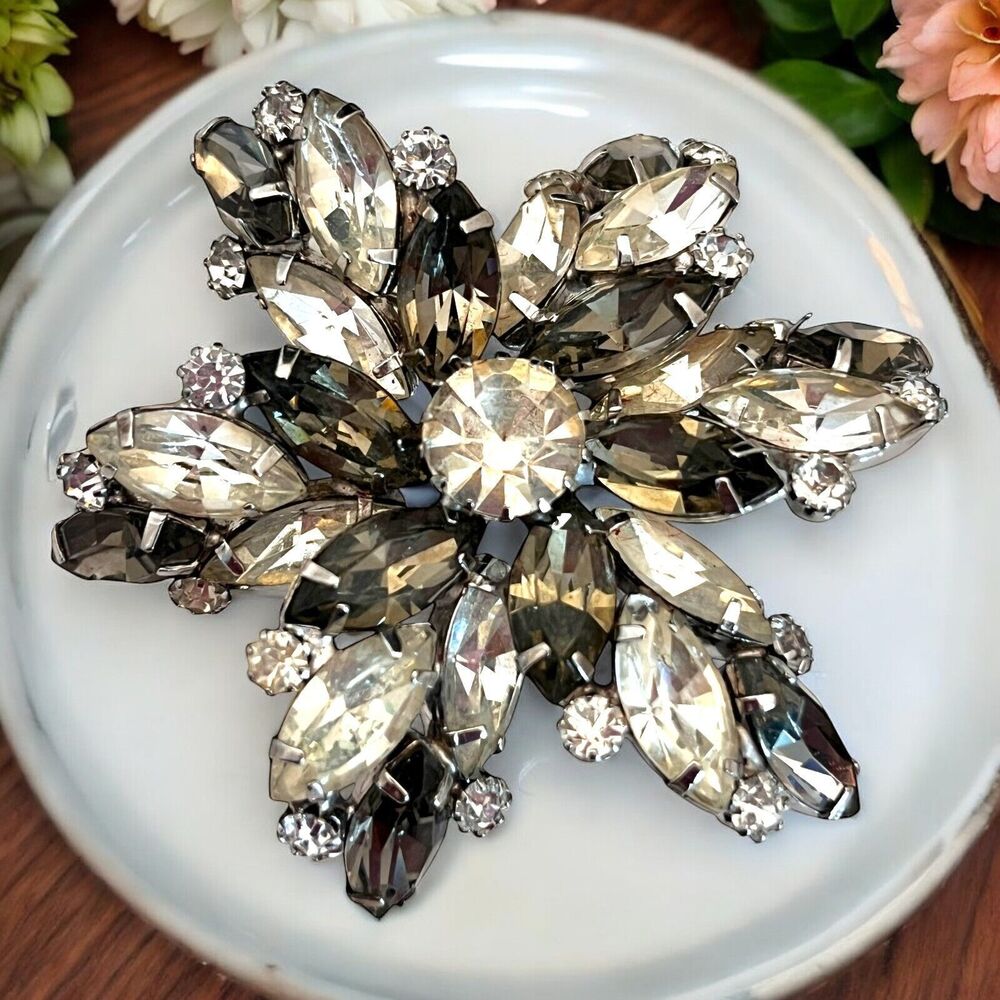 Vintage 1960s Rhinestone Brooch Silver Tone Smoke Crystal Starburst - 12V